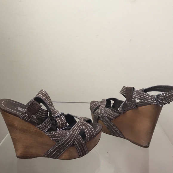 MIU MIU Strappy Leather Platform Wedge Heel Sandals Stitch Wood Ankle Strap Shoe - Picture 10 of 16